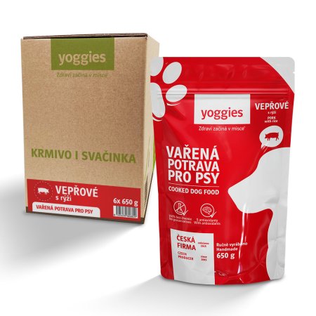 Yoggies Vařená potrava pro psy - vepřové maso s rýží 6 x 650 g)
