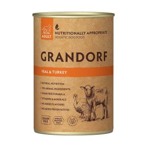 Grandorf konzerva pre psov Adult Teľacie a moriak 400g