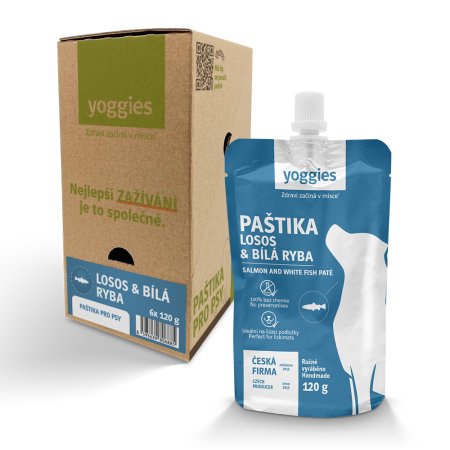 Yoggies paštika - losos a bílá ryba (krabice) 6 x 120 g