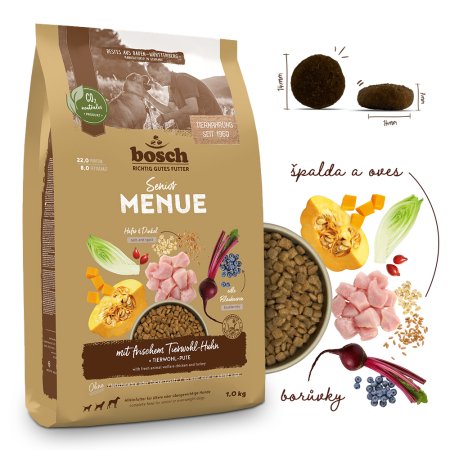 Bosch HPC MENUE Senior with zvieracím welfare chicken + spelt & oats 1 kg (EXPIRÁCIA 11/2025)