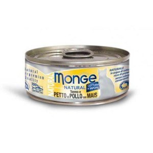 MONGE NATURAL tuniak s kuracími prsiami a kukuricou pre mačky 80 g (EXPIRÁCIA 03/2026)