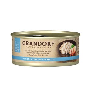 Grandorf konzerva pre mačky Kuracie prsia s krevetami 70g