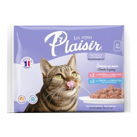 Plaisir cat Vrecko Multipack pre dospelé aj kastrované mačky 4x85g (2xlosos, 2xpstruh) (EXPIRÁCIA 02/2026)