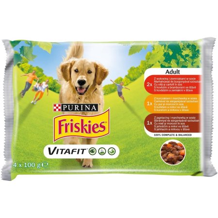 Friskies Adult Dog výber s hovädzím, kuraťom a jahňacím v šťave 4 x 100 g