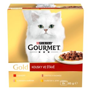 Gourmet Gold hovězí/krůta s kachnou/losos s kuřetem/kuře s játry ve šťávě Multipack 8 x 85 g