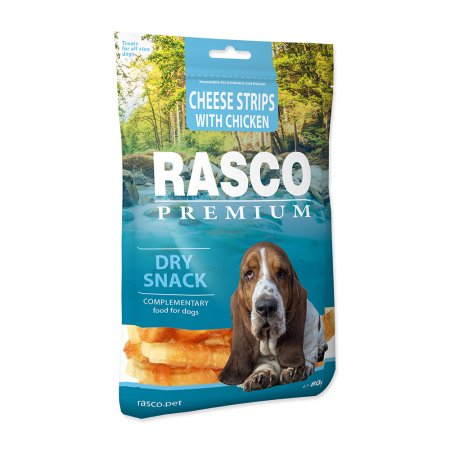 Pochúťka RASCO Premium prúžky syra obalené kuracím mäsom 80g