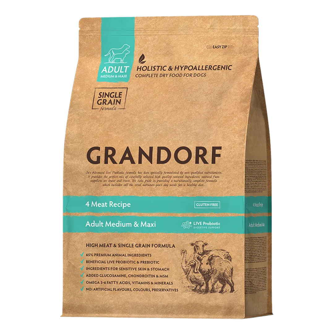 Grandorf granule pre psov Adult Medium & Maxi - 4 druhy mäsa 10kg